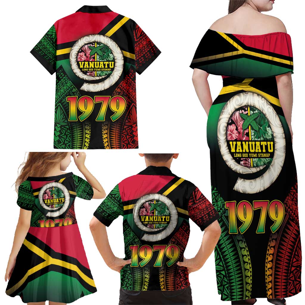 Vanuatu Constitution Day Family Matching Off Shoulder Maxi Dress and Hawaiian Shirt Polynesian Tattoo and Pig Tusk Since 1979 LT03 - Polynesian Pride