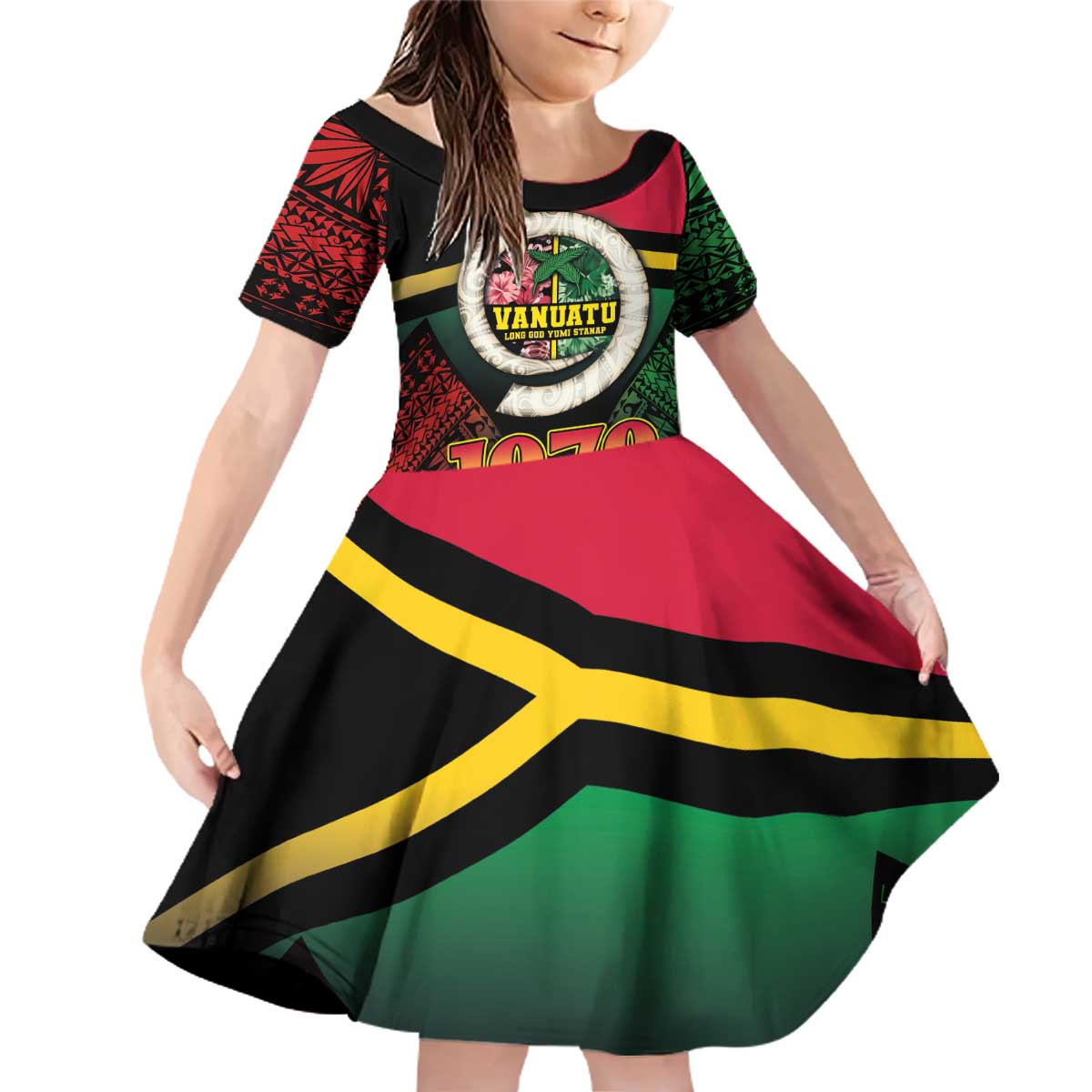 Vanuatu Constitution Day Family Matching Off Shoulder Short Dress and Hawaiian Shirt Polynesian Tattoo and Pig Tusk Since 1979 LT03 Daughter's Dress Black - Polynesian Pride