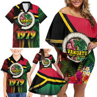 Vanuatu Constitution Day Family Matching Off Shoulder Short Dress and Hawaiian Shirt Polynesian Tattoo and Pig Tusk Since 1979 LT03 - Polynesian Pride