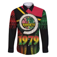 Vanuatu Constitution Day Family Matching Off Shoulder Short Dress and Hawaiian Shirt Polynesian Tattoo and Pig Tusk Since 1979 LT03 Dad's Shirt - Long Sleeve Black - Polynesian Pride
