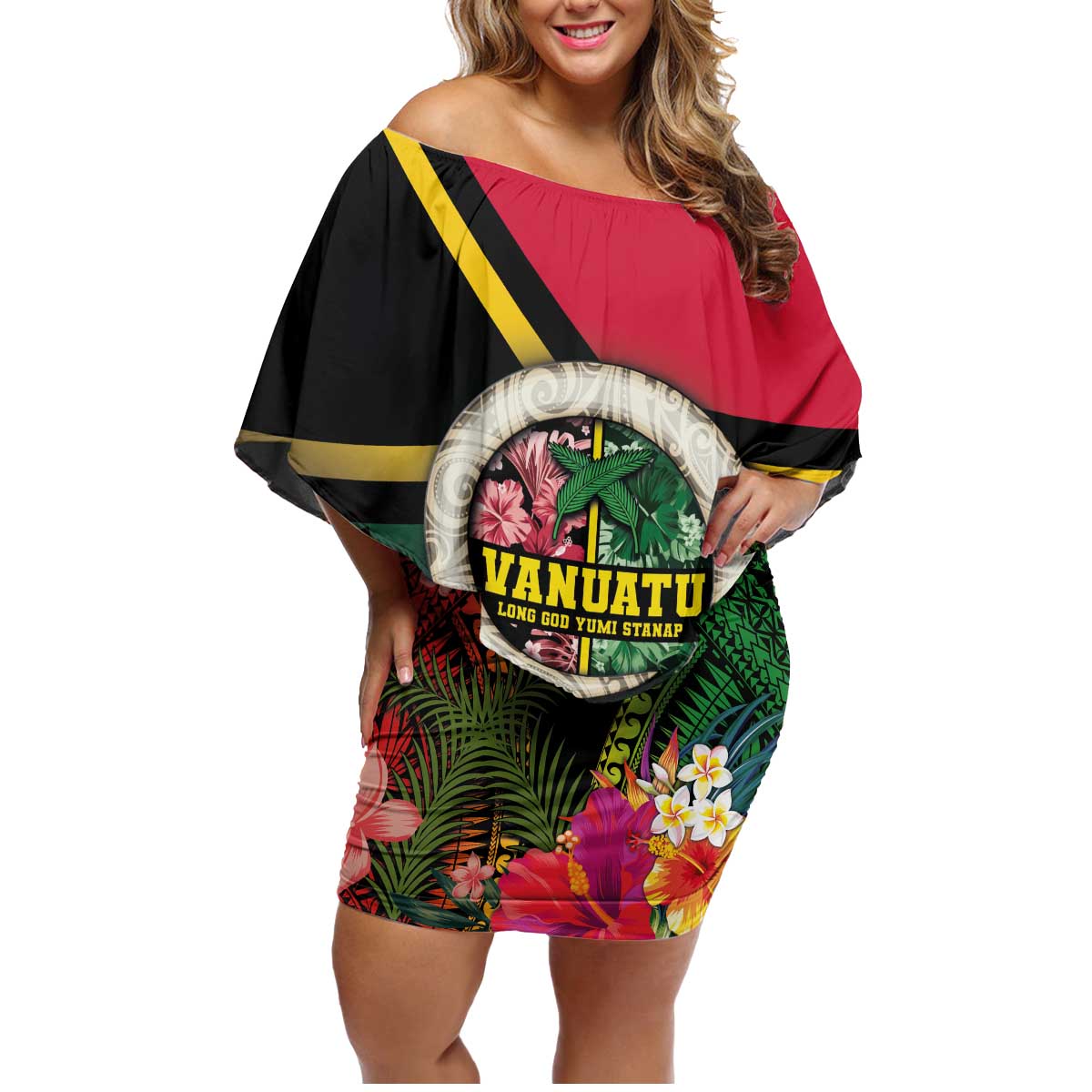 Vanuatu Constitution Day Family Matching Off Shoulder Short Dress and Hawaiian Shirt Polynesian Tattoo and Pig Tusk Since 1979 LT03 Mom's Dress Black - Polynesian Pride
