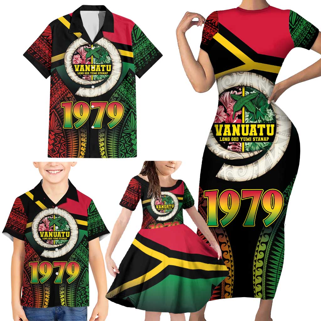 Vanuatu Constitution Day Family Matching Short Sleeve Bodycon Dress and Hawaiian Shirt Polynesian Tattoo and Pig Tusk Since 1979 LT03 - Polynesian Pride