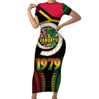 Vanuatu Constitution Day Family Matching Short Sleeve Bodycon Dress and Hawaiian Shirt Polynesian Tattoo and Pig Tusk Since 1979 LT03 Mom's Dress Black - Polynesian Pride