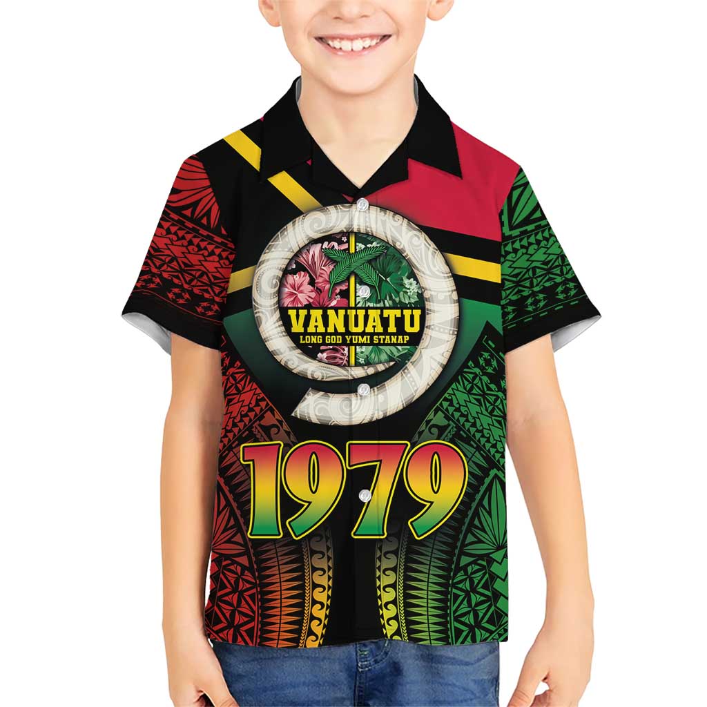 Vanuatu Constitution Day Family Matching Short Sleeve Bodycon Dress and Hawaiian Shirt Polynesian Tattoo and Pig Tusk Since 1979 LT03 Son's Shirt Black - Polynesian Pride