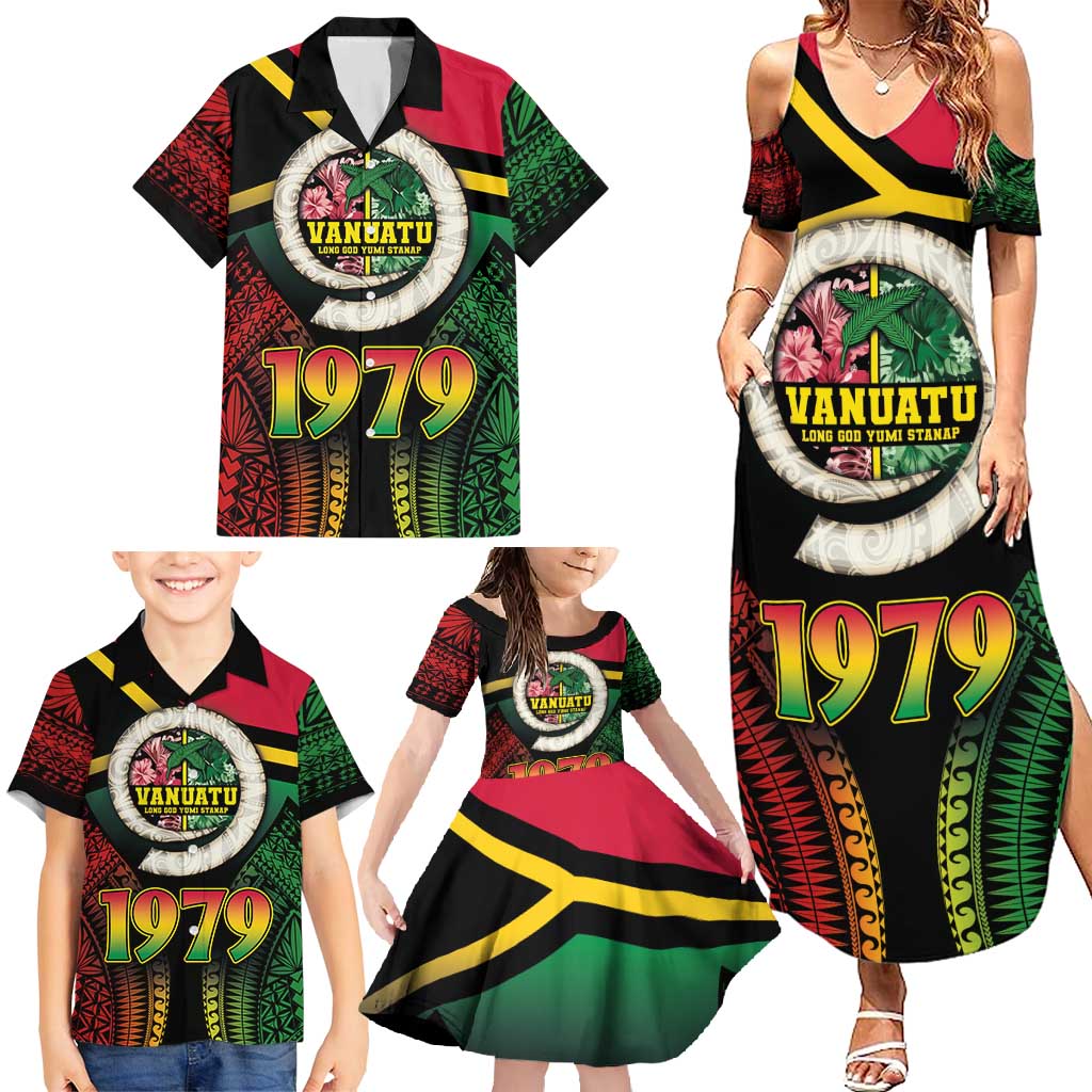Vanuatu Constitution Day Family Matching Summer Maxi Dress and Hawaiian Shirt Polynesian Tattoo and Pig Tusk Since 1979 LT03 - Polynesian Pride