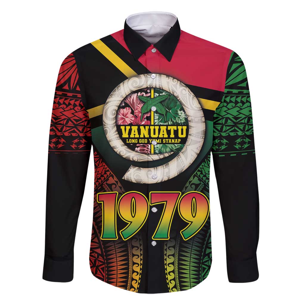 Vanuatu Constitution Day Family Matching Tank Maxi Dress and Hawaiian Shirt Polynesian Tattoo and Pig Tusk Since 1979 LT03 Dad's Shirt - Long Sleeve Black - Polynesian Pride