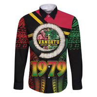 Vanuatu Constitution Day Family Matching Tank Maxi Dress and Hawaiian Shirt Polynesian Tattoo and Pig Tusk Since 1979 LT03 Dad's Shirt - Long Sleeve Black - Polynesian Pride