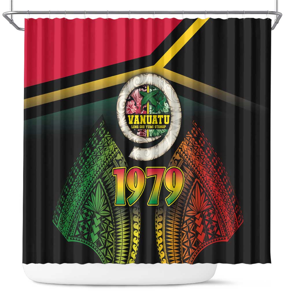 Vanuatu Constitution Day Shower Curtain Polynesian Tattoo and Pig Tusk Since 1979 LT03 Black - Polynesian Pride