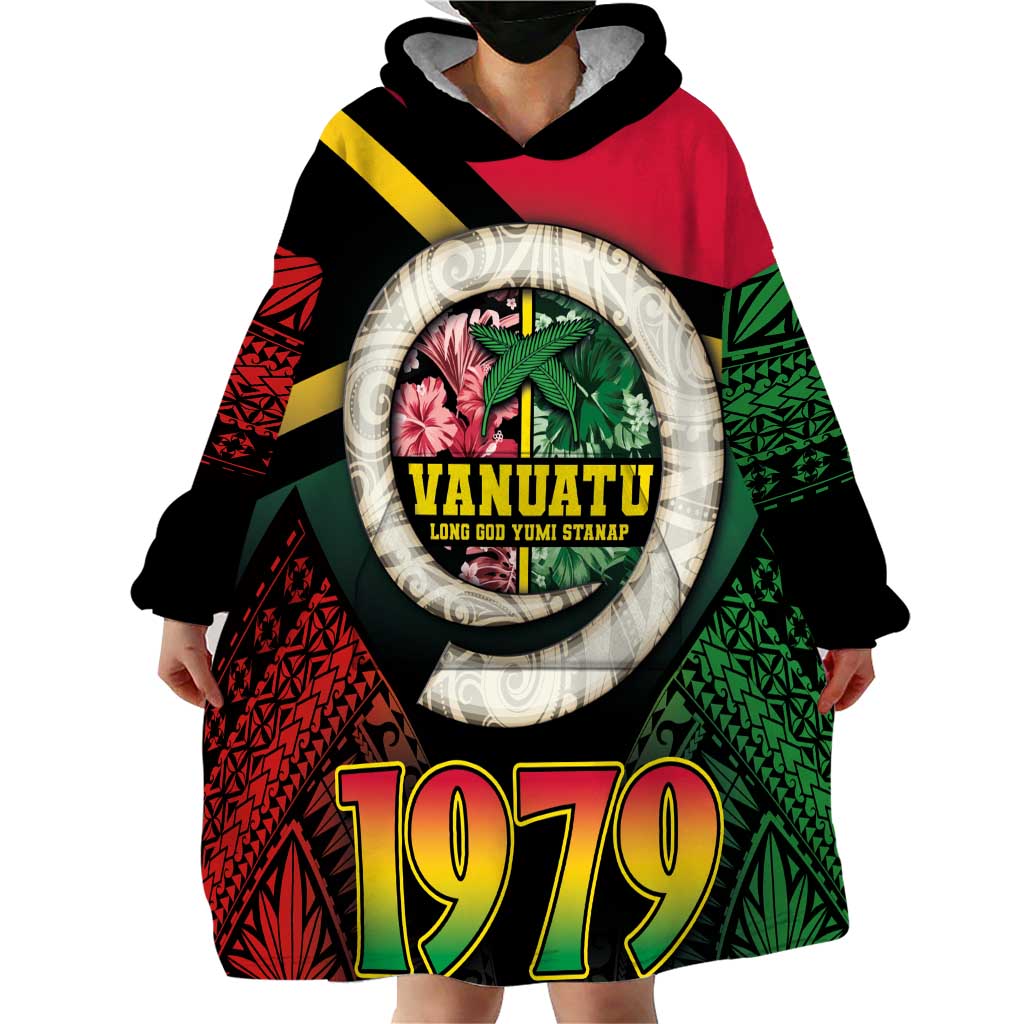 Vanuatu Constitution Day Wearable Blanket Hoodie Polynesian Tattoo and Pig Tusk Since 1979 LT03 - Polynesian Pride
