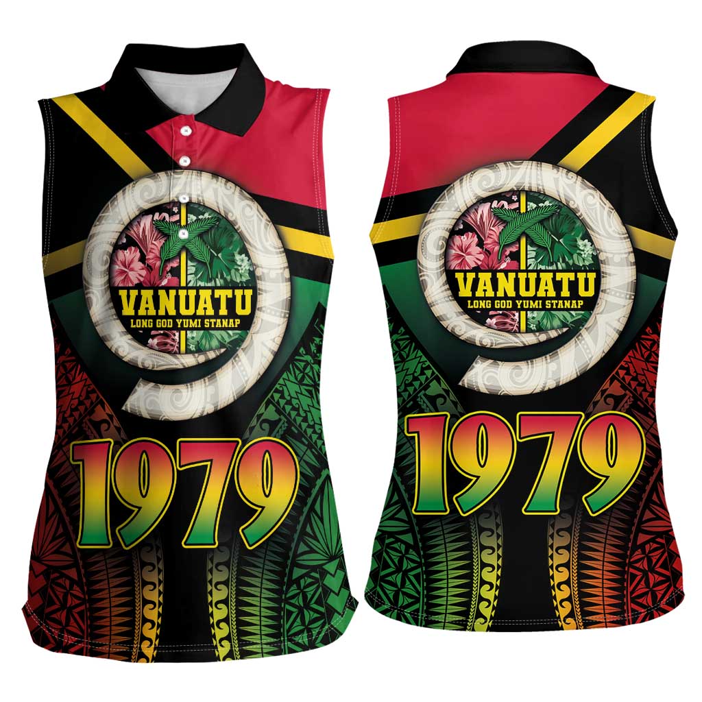Vanuatu Constitution Day Women Sleeveless Polo Shirt Polynesian Tattoo and Pig Tusk Since 1979 LT03 - Polynesian Pride
