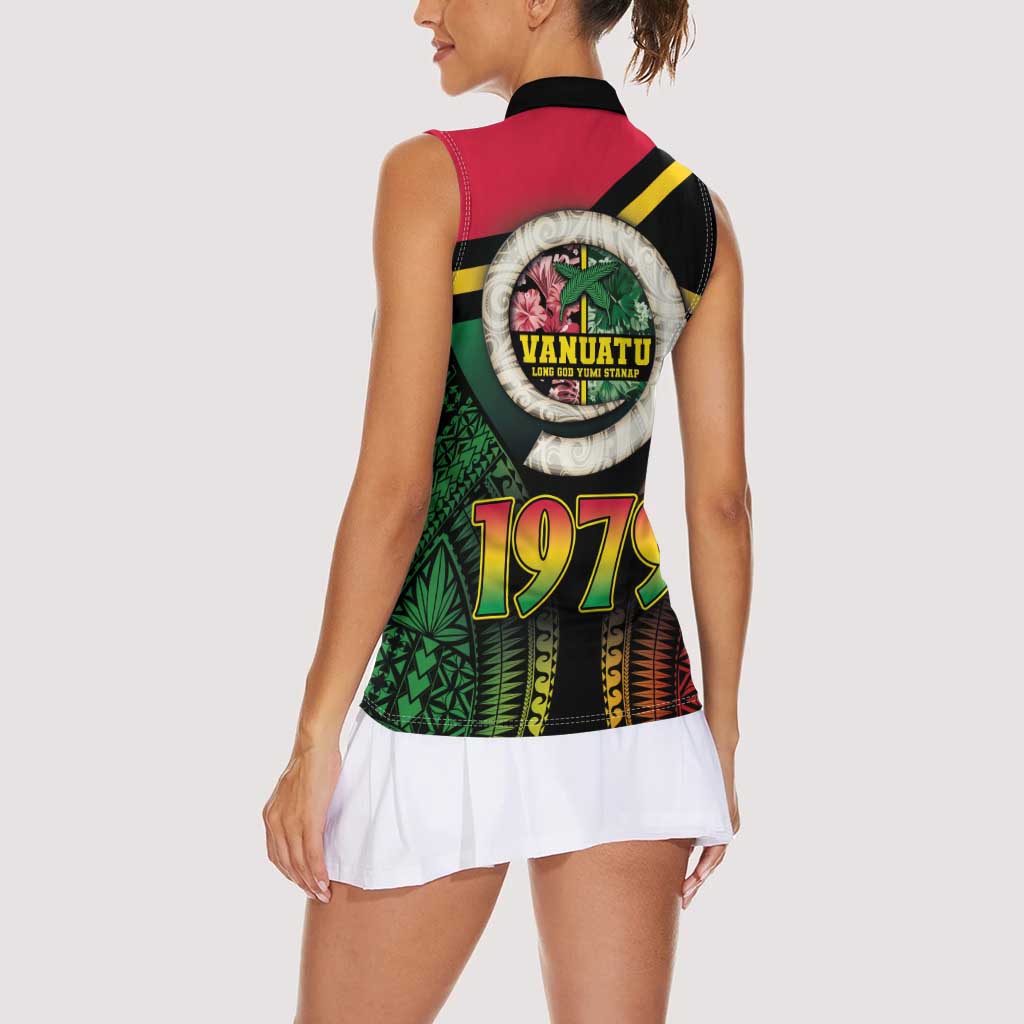 Vanuatu Constitution Day Women Sleeveless Polo Shirt Polynesian Tattoo and Pig Tusk Since 1979 LT03 - Polynesian Pride