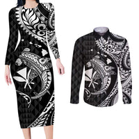 Aloha Hawaii Hammerhead Shark Couples Matching Long Sleeve Bodycon Dress and Long Sleeve Button Shirt Black Kakau and Polynesian Tattoo LT03 Black - Polynesian Pride