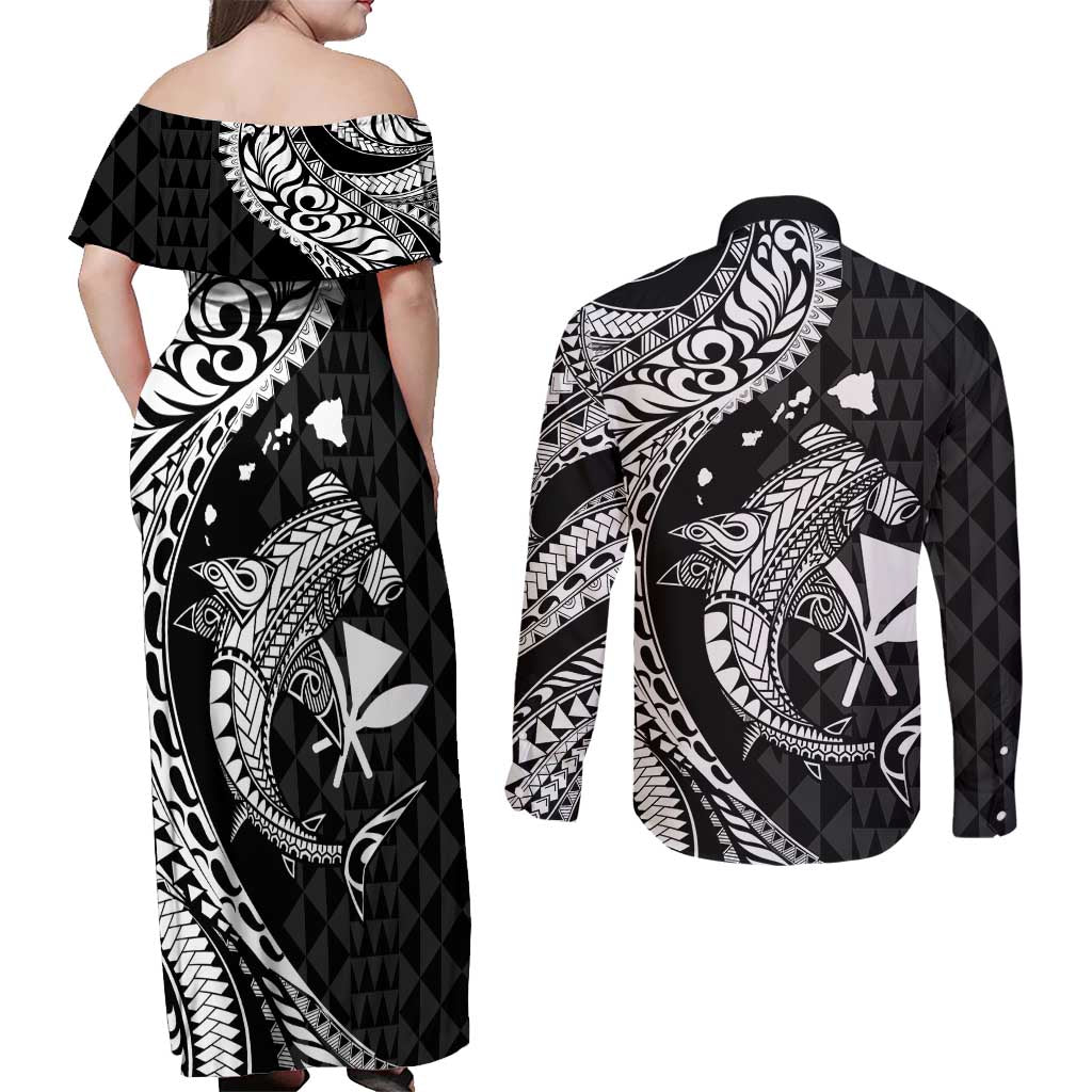 Aloha Hawaii Hammerhead Shark Couples Matching Off Shoulder Maxi Dress and Long Sleeve Button Shirt Black Kakau and Polynesian Tattoo LT03