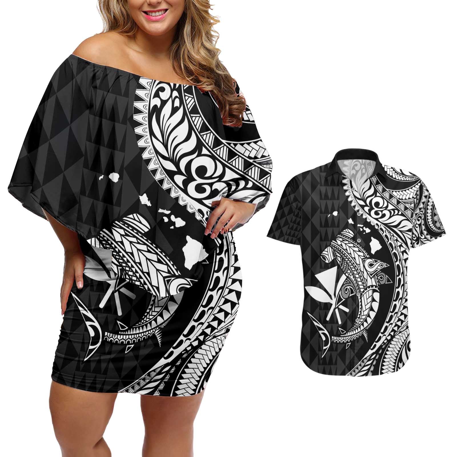Aloha Hawaii Hammerhead Shark Couples Matching Off Shoulder Short Dress and Hawaiian Shirt Black Kakau and Polynesian Tattoo LT03