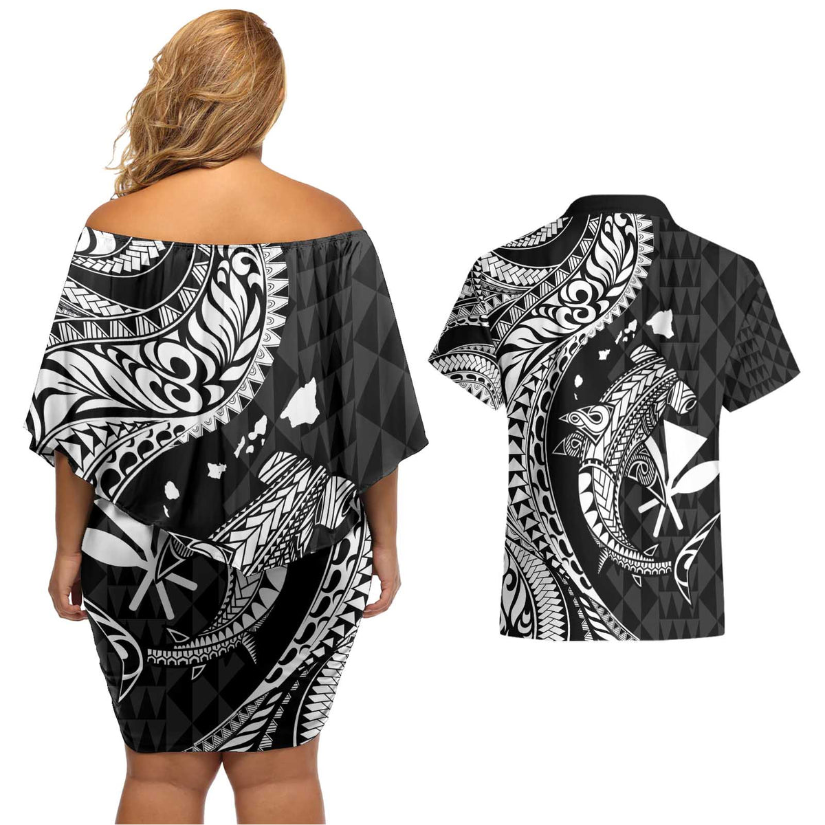 Aloha Hawaii Hammerhead Shark Couples Matching Off Shoulder Short Dress and Hawaiian Shirt Black Kakau and Polynesian Tattoo LT03 - Polynesian Pride
