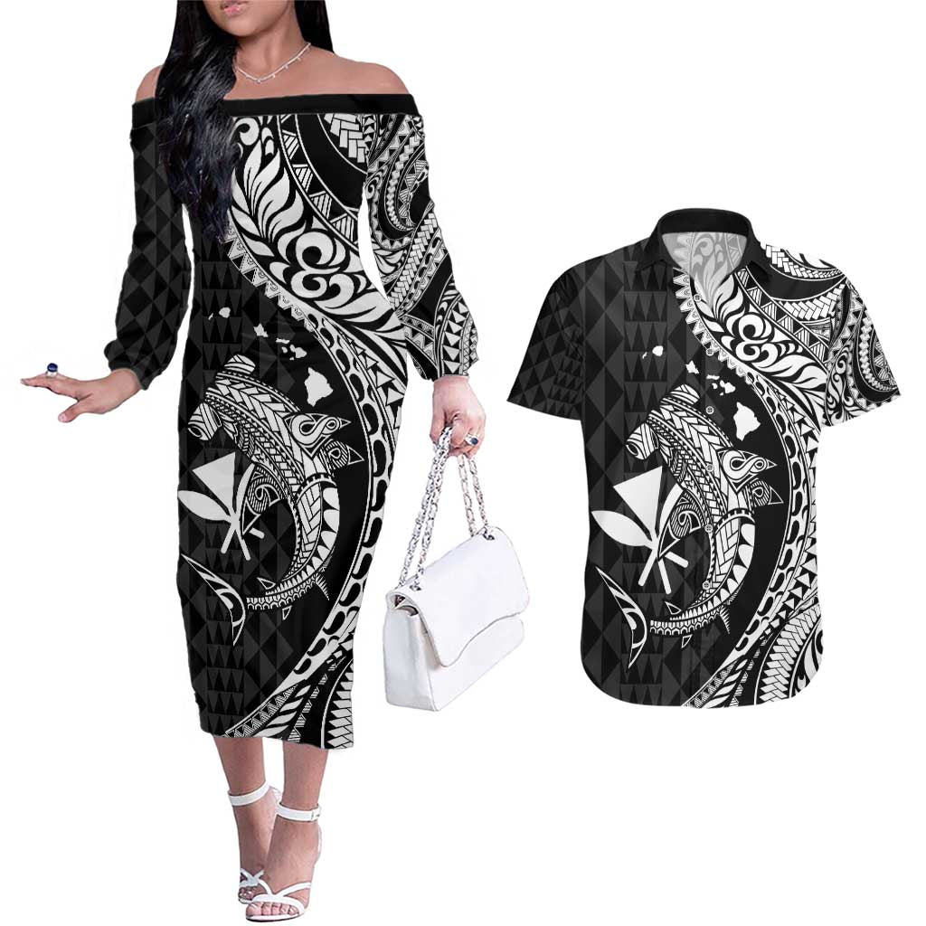 Aloha Hawaii Hammerhead Shark Couples Matching Off The Shoulder Long Sleeve Dress and Hawaiian Shirt Black Kakau and Polynesian Tattoo LT03