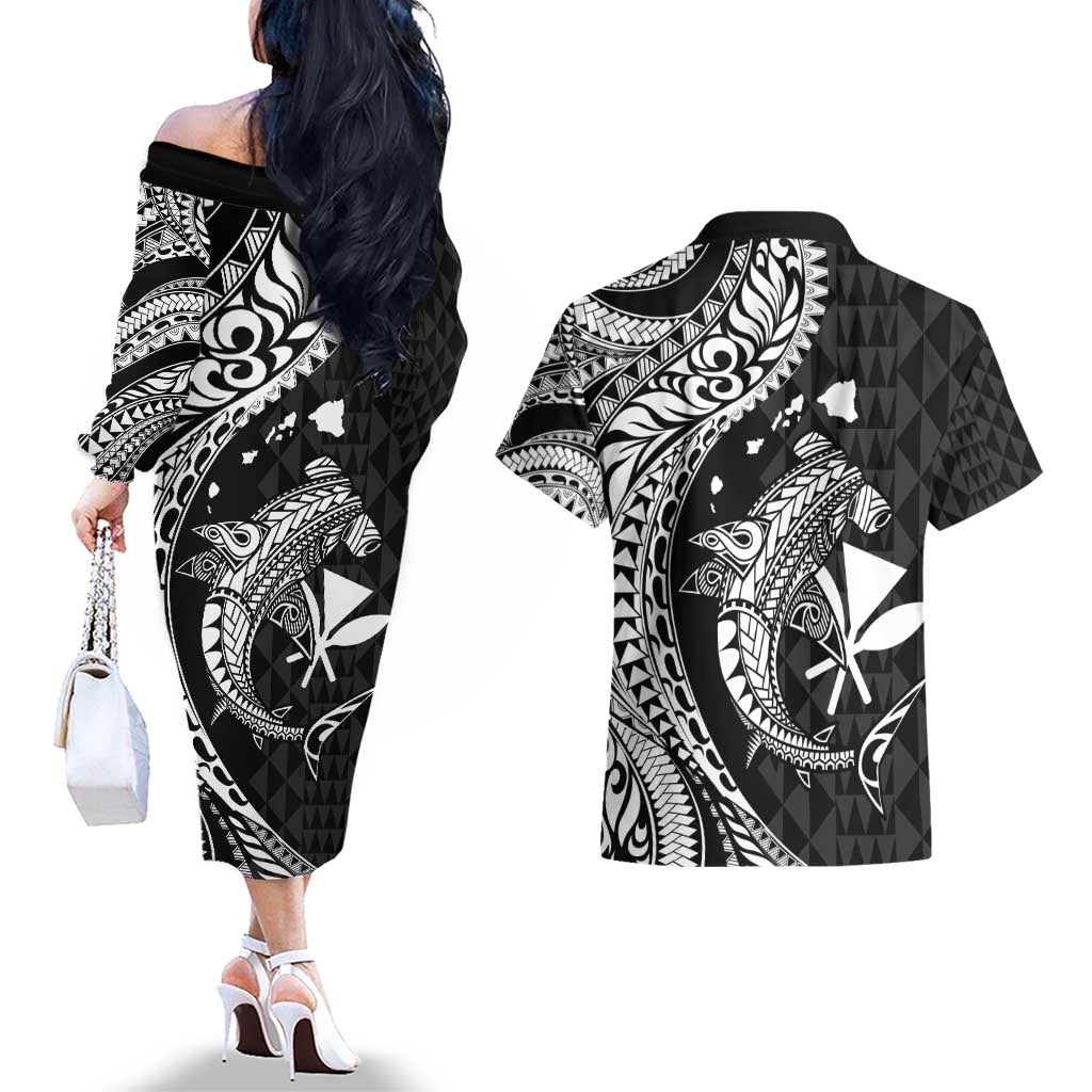 Aloha Hawaii Hammerhead Shark Couples Matching Off The Shoulder Long Sleeve Dress and Hawaiian Shirt Black Kakau and Polynesian Tattoo LT03