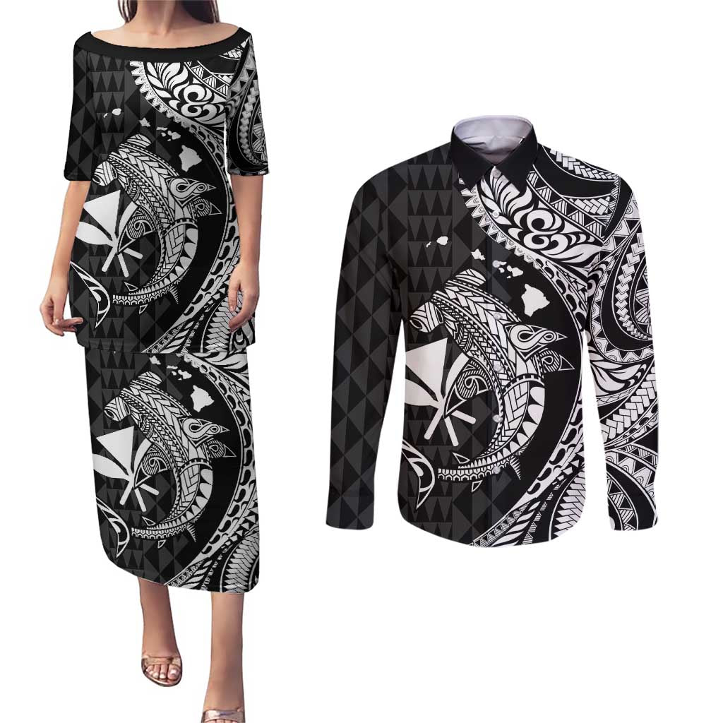 Aloha Hawaii Hammerhead Shark Couples Matching Puletasi and Long Sleeve Button Shirt Black Kakau and Polynesian Tattoo LT03