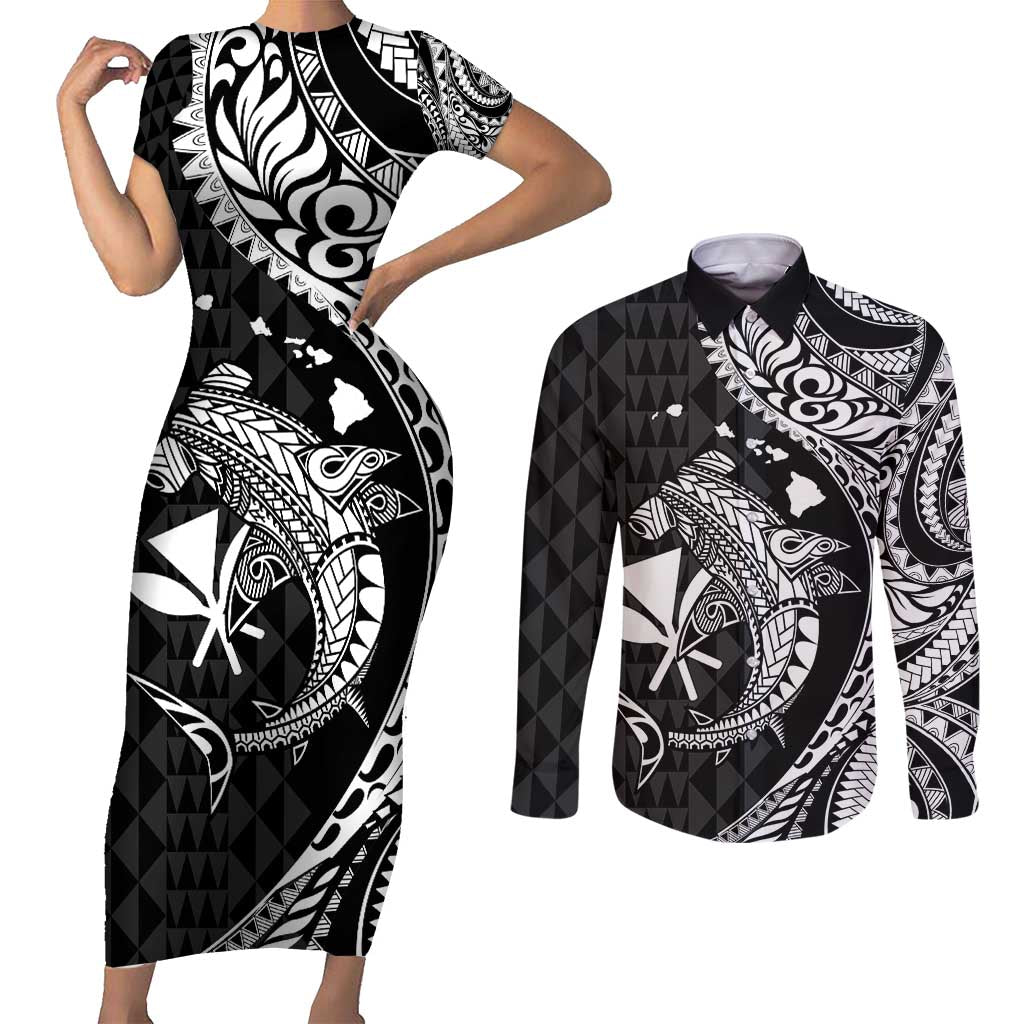 Aloha Hawaii Hammerhead Shark Couples Matching Short Sleeve Bodycon Dress and Long Sleeve Button Shirt Black Kakau and Polynesian Tattoo LT03 Black - Polynesian Pride