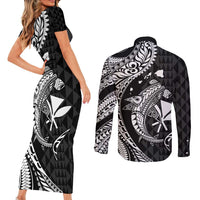 Aloha Hawaii Hammerhead Shark Couples Matching Short Sleeve Bodycon Dress and Long Sleeve Button Shirt Black Kakau and Polynesian Tattoo LT03 - Polynesian Pride