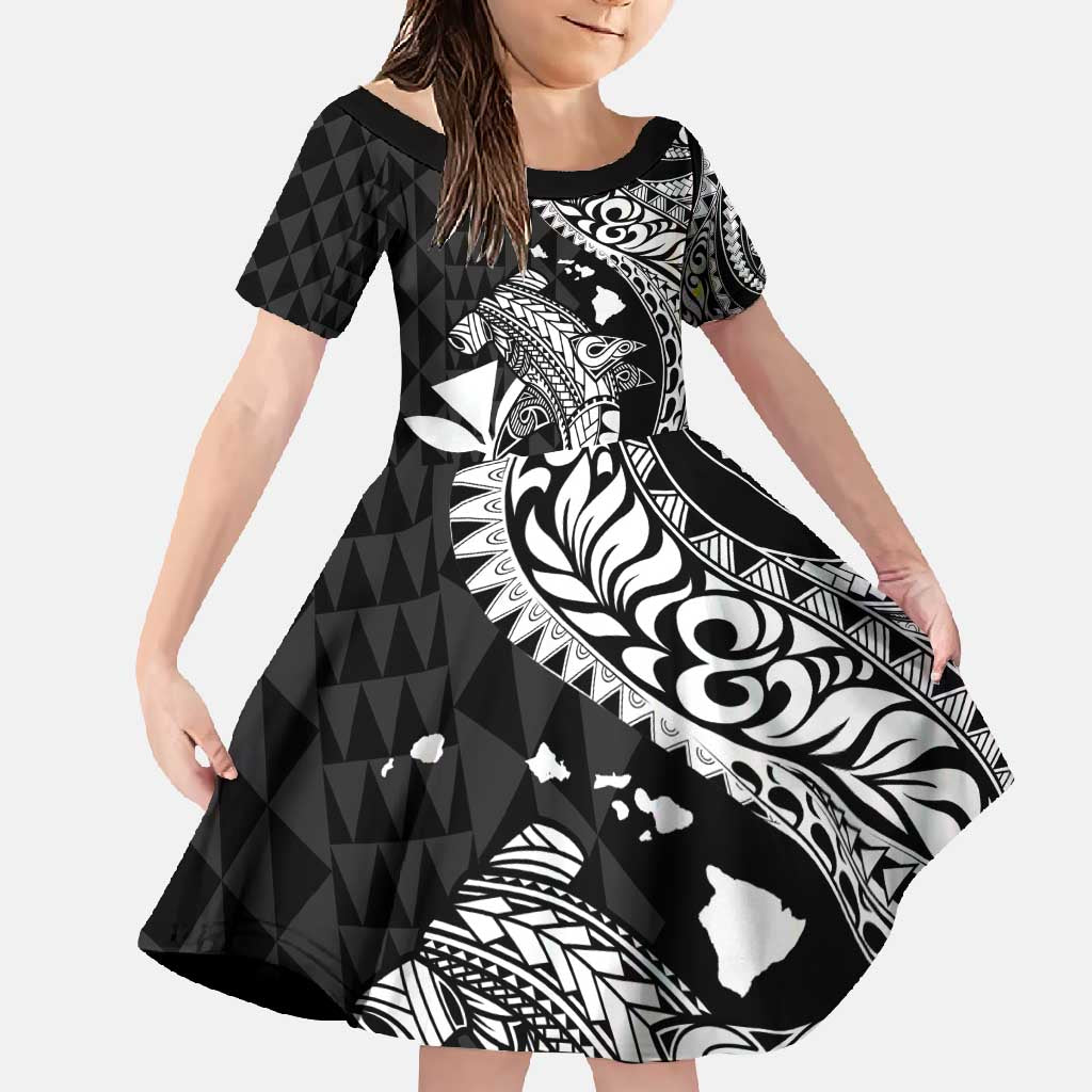 Aloha Hawaii Hammerhead Shark Family Matching Long Sleeve Bodycon Dress and Hawaiian Shirt Black Kakau and Polynesian Tattoo LT03 Daughter's Dress Black - Polynesian Pride