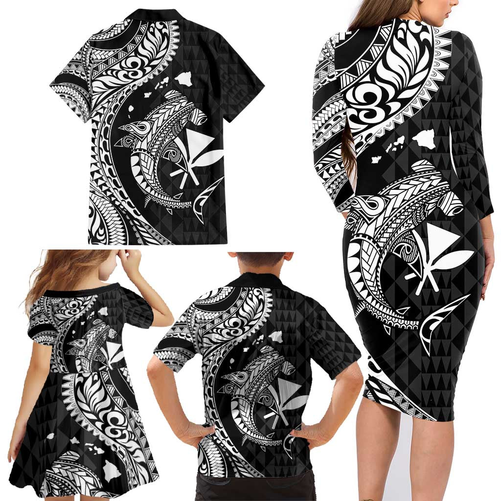 Aloha Hawaii Hammerhead Shark Family Matching Long Sleeve Bodycon Dress and Hawaiian Shirt Black Kakau and Polynesian Tattoo LT03 - Polynesian Pride
