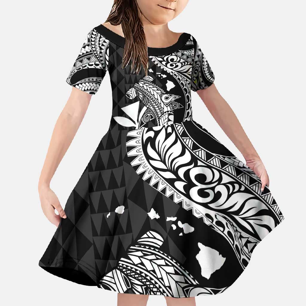 Aloha Hawaii Hammerhead Shark Family Matching Off Shoulder Maxi Dress and Hawaiian Shirt Black Kakau and Polynesian Tattoo LT03 Daughter's Dress Black - Polynesian Pride