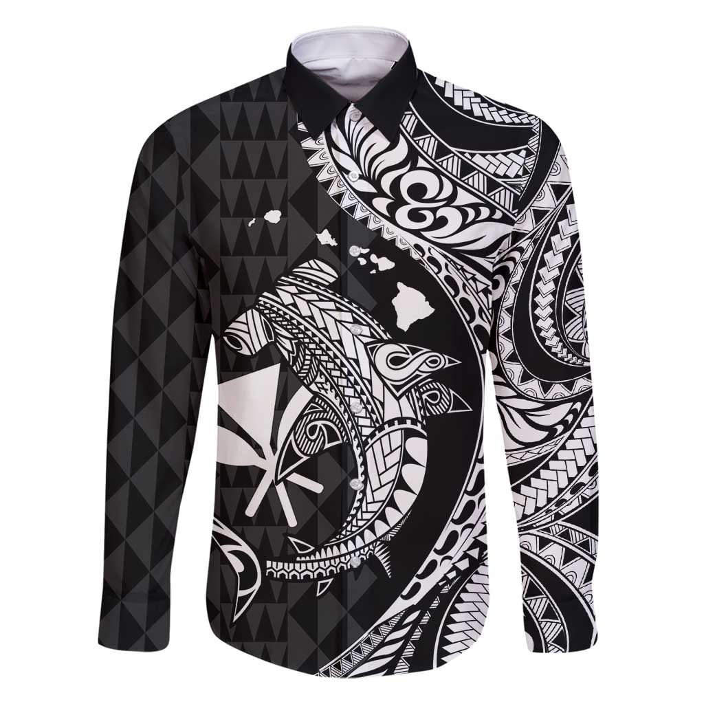 Aloha Hawaii Hammerhead Shark Family Matching Off Shoulder Maxi Dress and Hawaiian Shirt Black Kakau and Polynesian Tattoo LT03 Dad's Shirt - Long Sleeve Black - Polynesian Pride