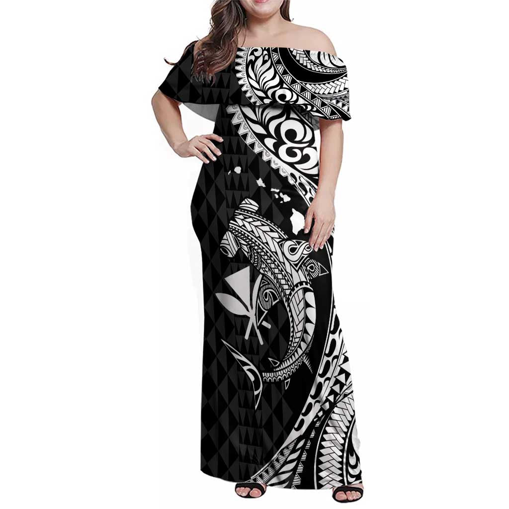 Aloha Hawaii Hammerhead Shark Family Matching Off Shoulder Maxi Dress and Hawaiian Shirt Black Kakau and Polynesian Tattoo LT03 Mom's Dress Black - Polynesian Pride