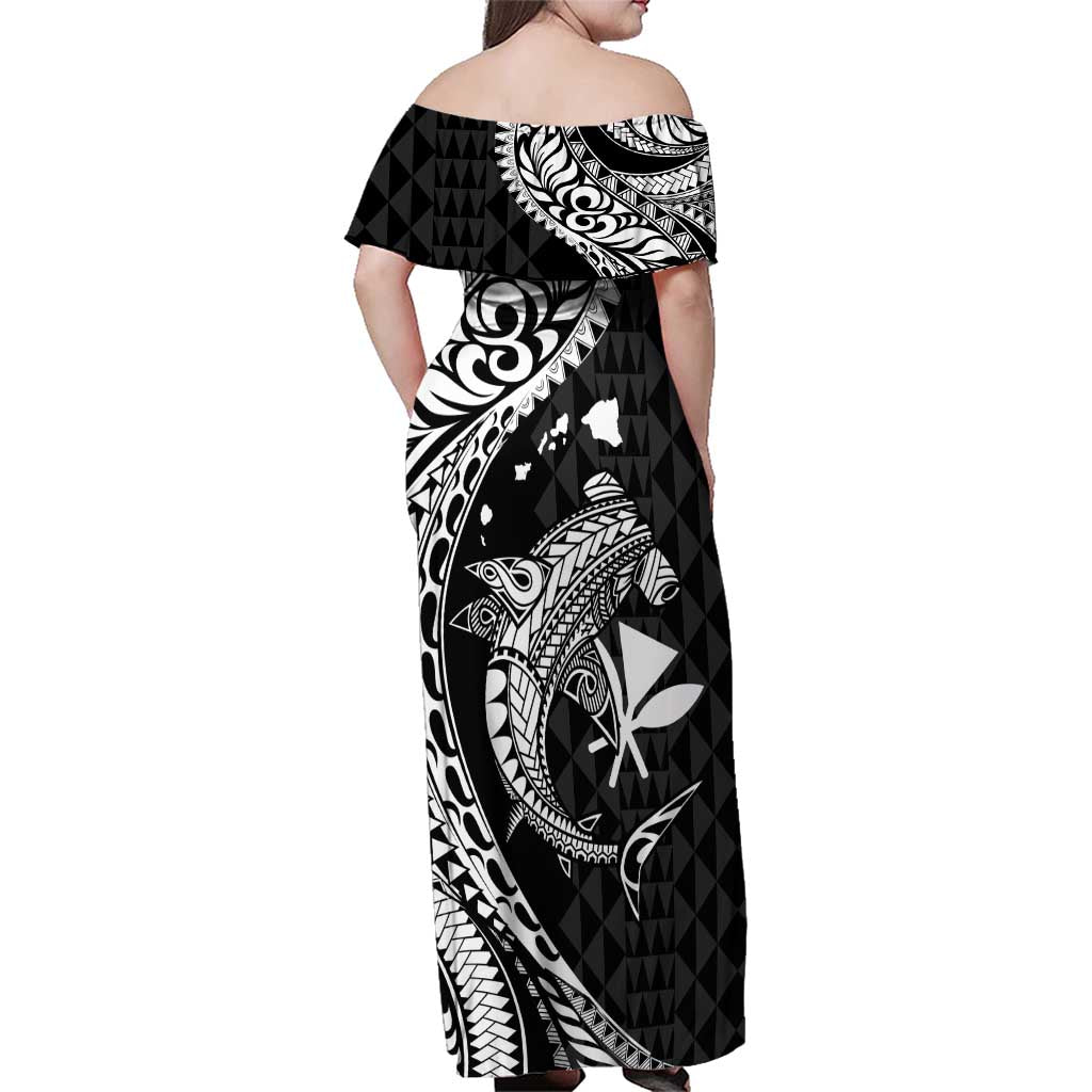 Aloha Hawaii Hammerhead Shark Family Matching Off Shoulder Maxi Dress and Hawaiian Shirt Black Kakau and Polynesian Tattoo LT03 - Polynesian Pride