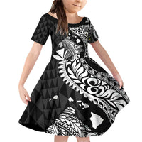Aloha Hawaii Hammerhead Shark Family Matching Off Shoulder Short Dress and Hawaiian Shirt Black Kakau and Polynesian Tattoo LT03 Daughter's Dress Black - Polynesian Pride
