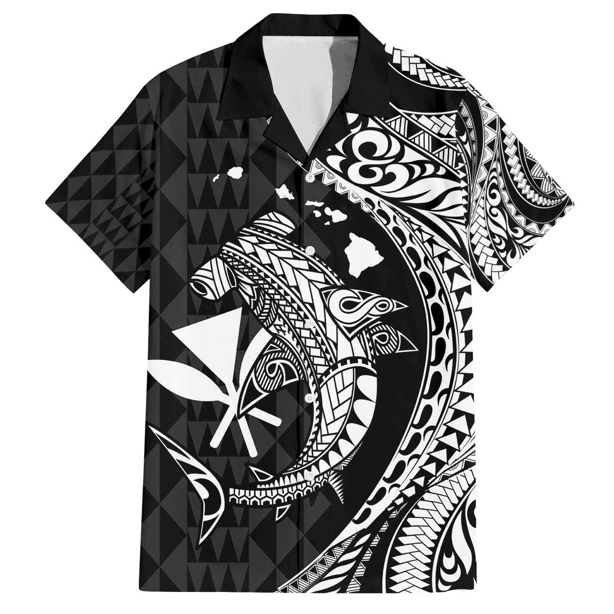 Aloha Hawaii Hammerhead Shark Family Matching Off Shoulder Short Dress and Hawaiian Shirt Black Kakau and Polynesian Tattoo LT03 Dad's Shirt - Short Sleeve Black - Polynesian Pride