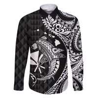 Aloha Hawaii Hammerhead Shark Family Matching Off Shoulder Short Dress and Hawaiian Shirt Black Kakau and Polynesian Tattoo LT03 Dad's Shirt - Long Sleeve Black - Polynesian Pride