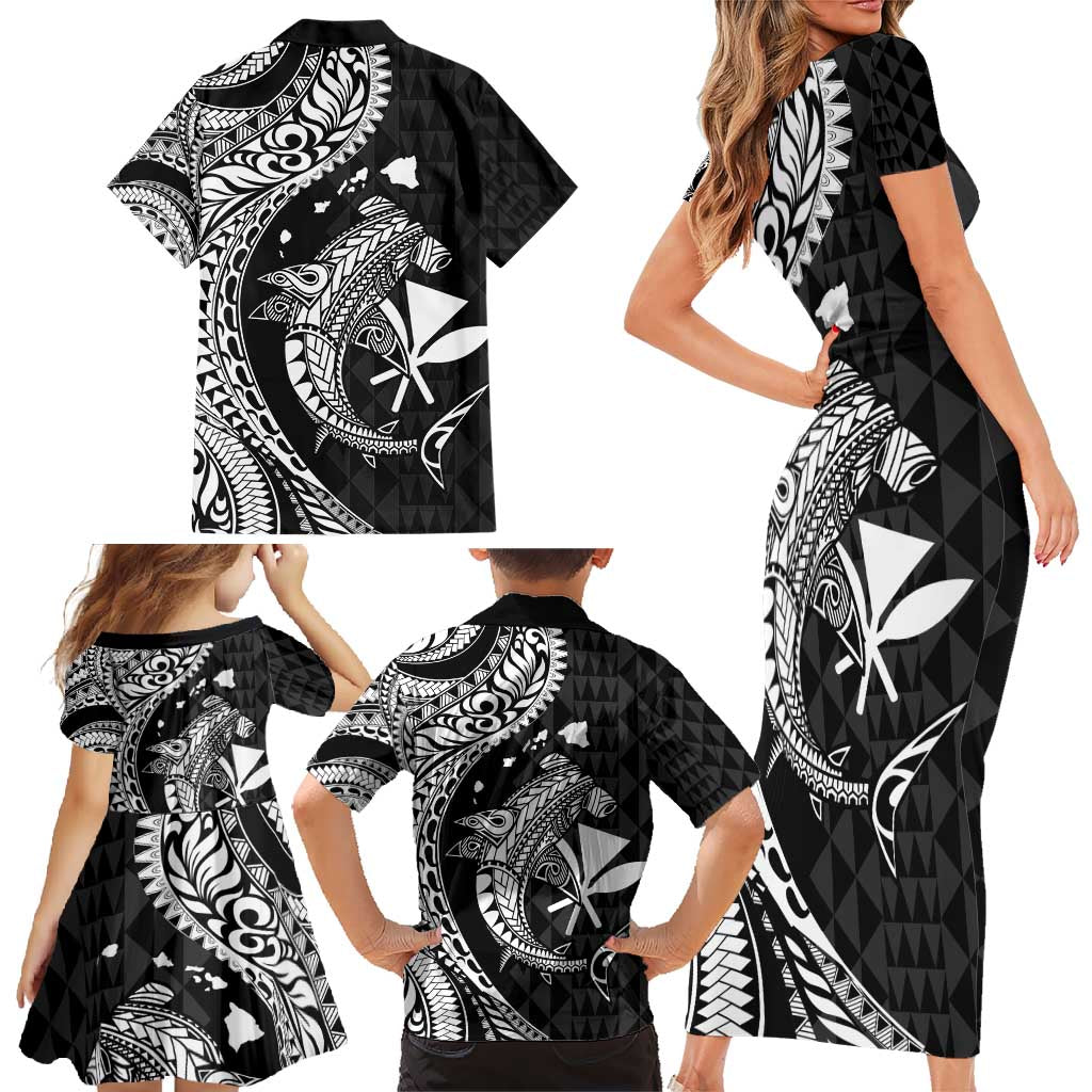 Aloha Hawaii Hammerhead Shark Family Matching Short Sleeve Bodycon Dress and Hawaiian Shirt Black Kakau and Polynesian Tattoo LT03 - Polynesian Pride