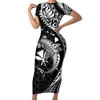 Aloha Hawaii Hammerhead Shark Family Matching Short Sleeve Bodycon Dress and Hawaiian Shirt Black Kakau and Polynesian Tattoo LT03 Mom's Dress Black - Polynesian Pride