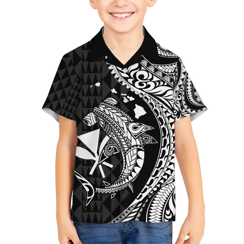 Aloha Hawaii Hammerhead Shark Kid Hawaiian Shirt Black Kakau and Polynesian Tattoo LT03 Kid Black - Polynesian Pride