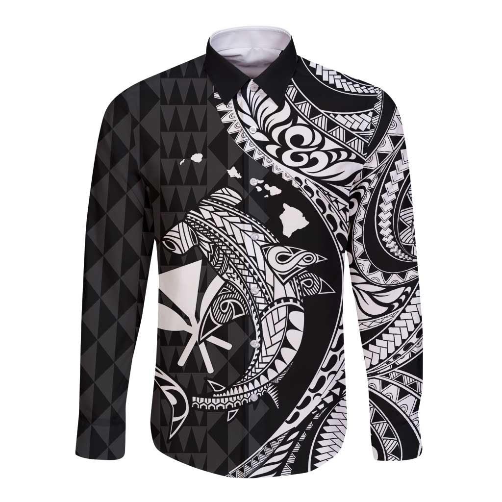 Aloha Hawaii Hammerhead Shark Long Sleeve Button Shirt Black Kakau and Polynesian Tattoo LT03 Unisex Black - Polynesian Pride
