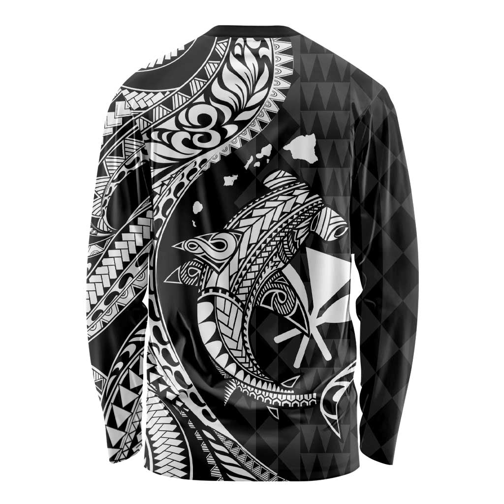 Aloha Hawaii Hammerhead Shark Long Sleeve Shirt Black Kakau and Polynesian Tattoo LT03