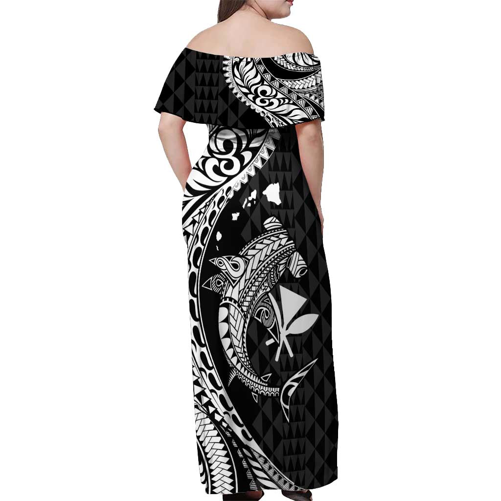 Aloha Hawaii Hammerhead Shark Off Shoulder Maxi Dress Black Kakau and Polynesian Tattoo LT03