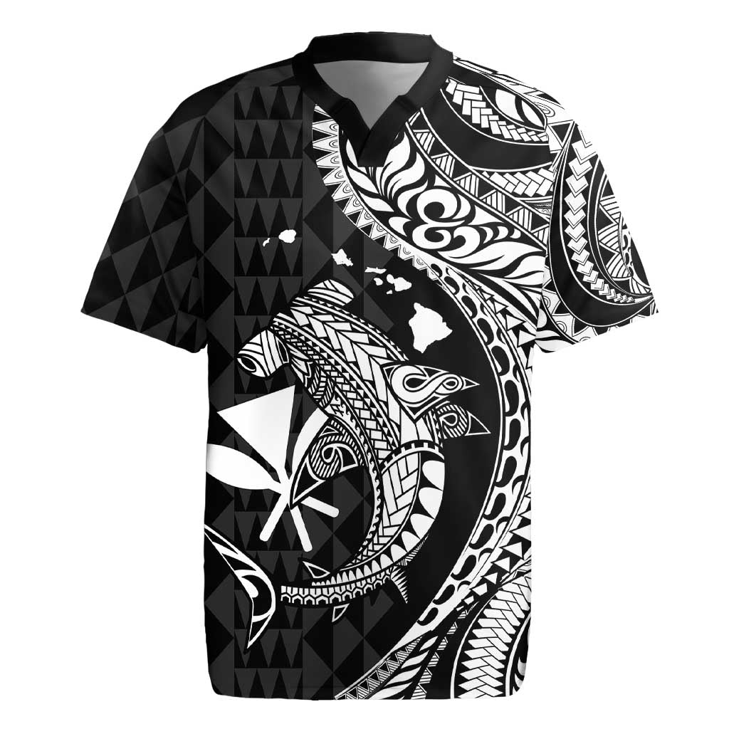Aloha Hawaii Hammerhead Shark Rugby Jersey Black Kakau and Polynesian Tattoo LT03