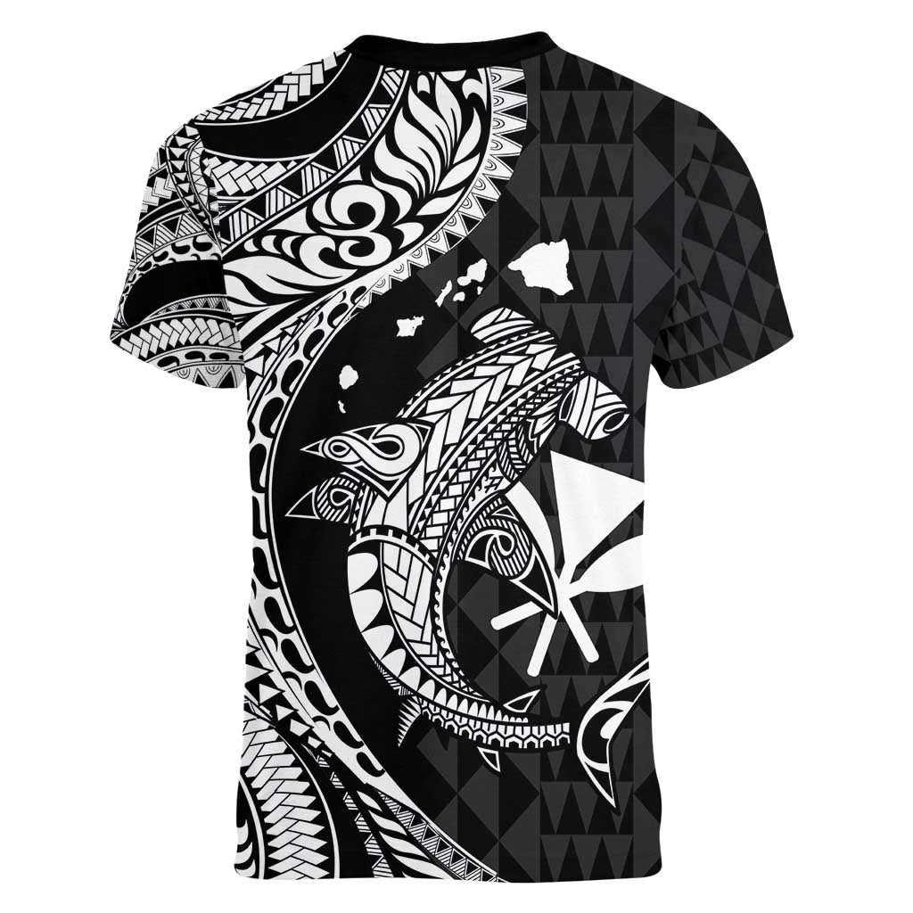 Aloha Hawaii Hammerhead Shark Women V-Neck T-Shirt Black Kakau and Polynesian Tattoo LT03 - Polynesian Pride