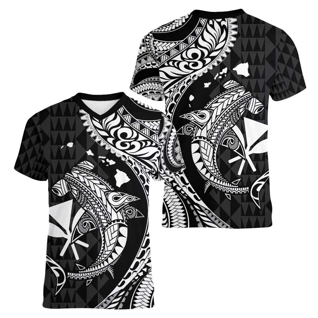 Aloha Hawaii Hammerhead Shark Women V-Neck T-Shirt Black Kakau and Polynesian Tattoo LT03 - Polynesian Pride