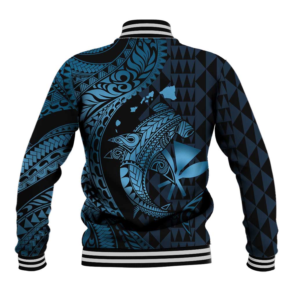 Aloha Hawaii Hammerhead Shark Baseball Jacket Blue Kakau and Polynesian Tattoo LT03