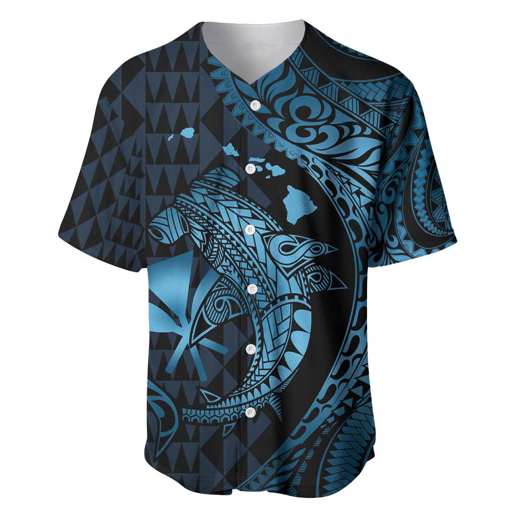 Aloha Hawaii Hammerhead Shark Baseball Jersey Blue Kakau and Polynesian Tattoo LT03 Blue - Polynesian Pride