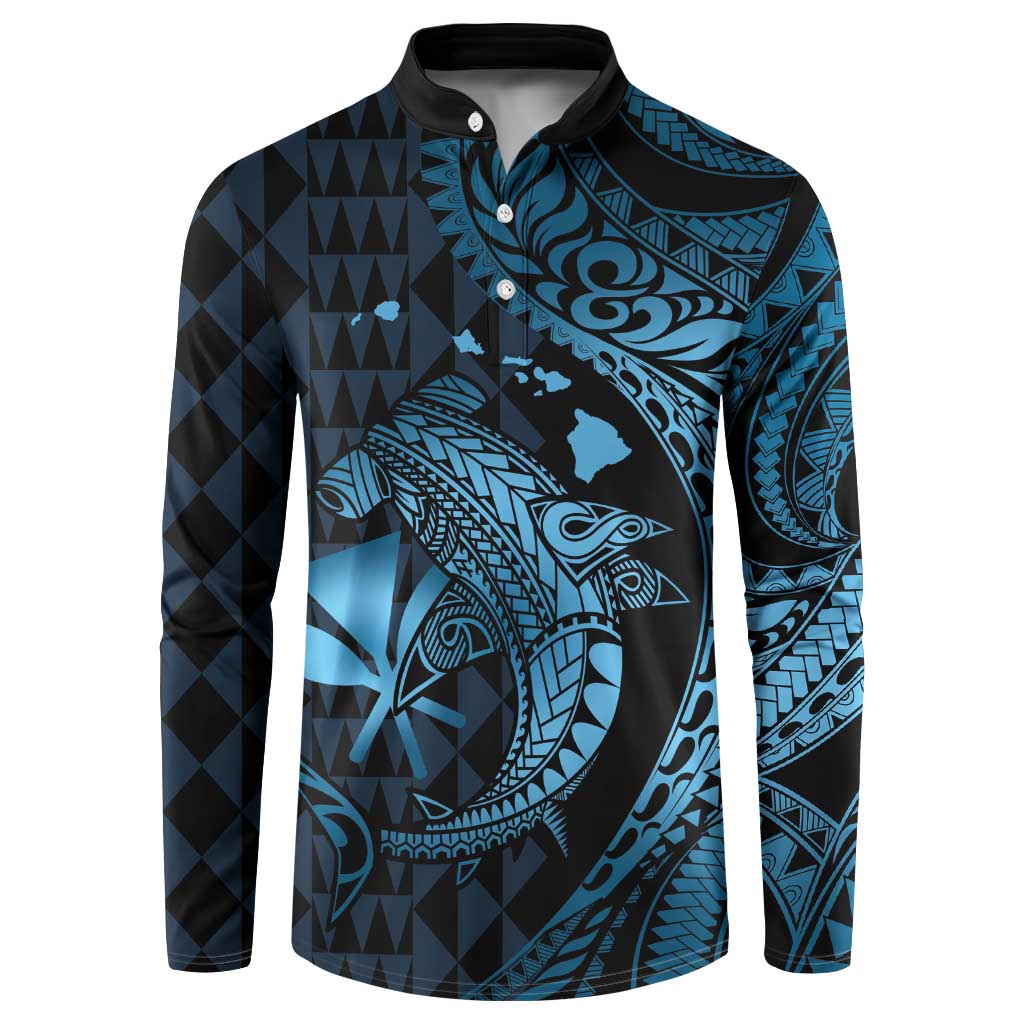 Aloha Hawaii Hammerhead Shark Button Sweatshirt Blue Kakau and Polynesian Tattoo LT03