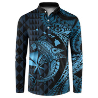 Aloha Hawaii Hammerhead Shark Button Sweatshirt Blue Kakau and Polynesian Tattoo LT03