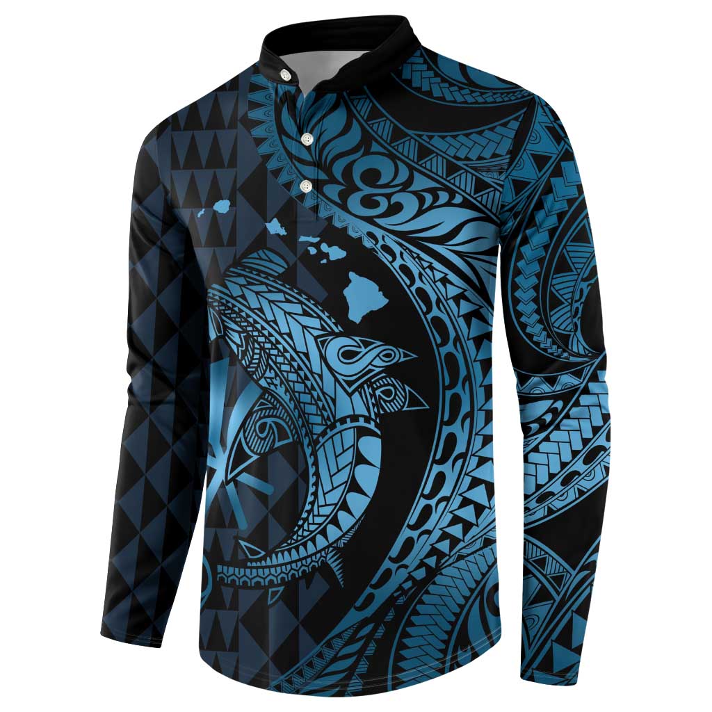 Aloha Hawaii Hammerhead Shark Button Sweatshirt Blue Kakau and Polynesian Tattoo LT03