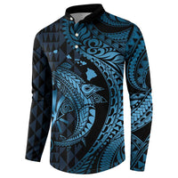 Aloha Hawaii Hammerhead Shark Button Sweatshirt Blue Kakau and Polynesian Tattoo LT03
