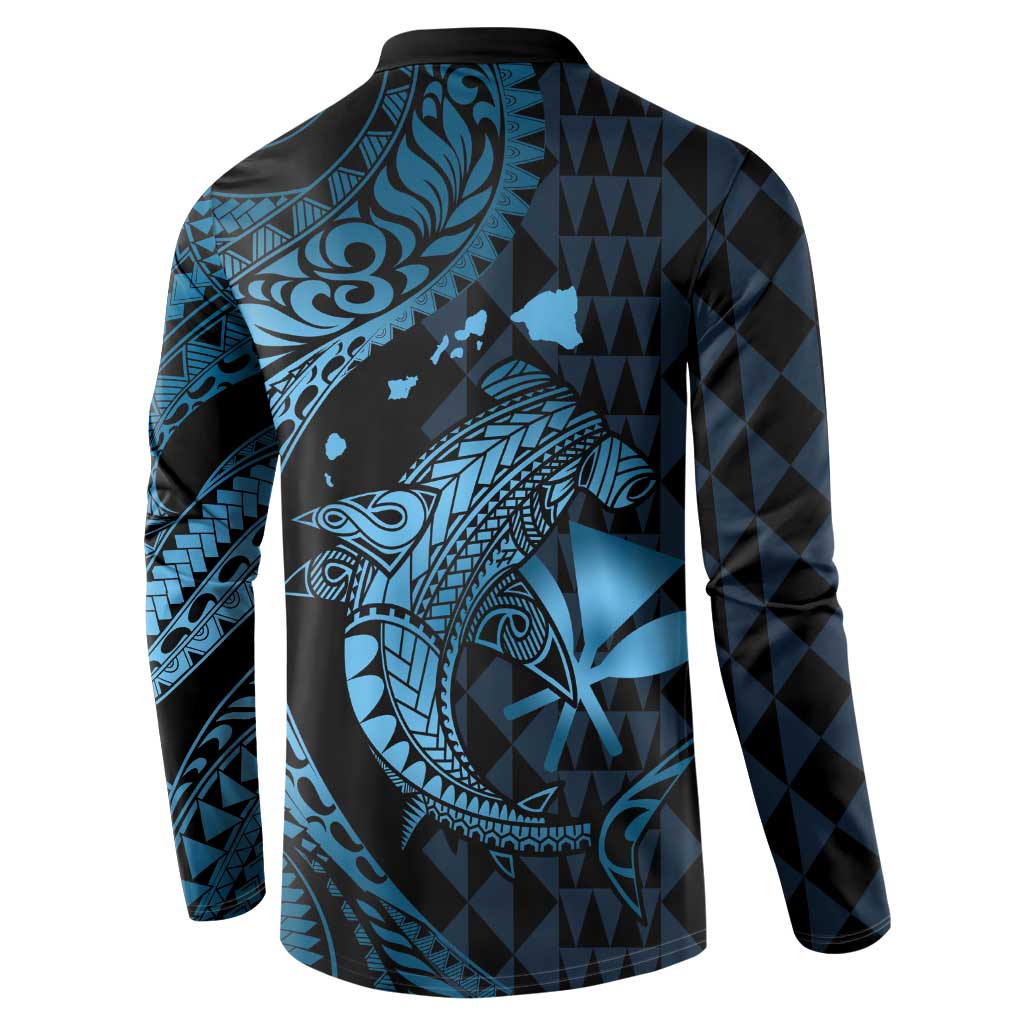 Aloha Hawaii Hammerhead Shark Button Sweatshirt Blue Kakau and Polynesian Tattoo LT03
