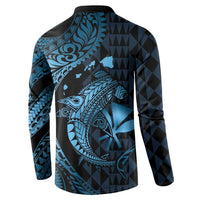 Aloha Hawaii Hammerhead Shark Button Sweatshirt Blue Kakau and Polynesian Tattoo LT03